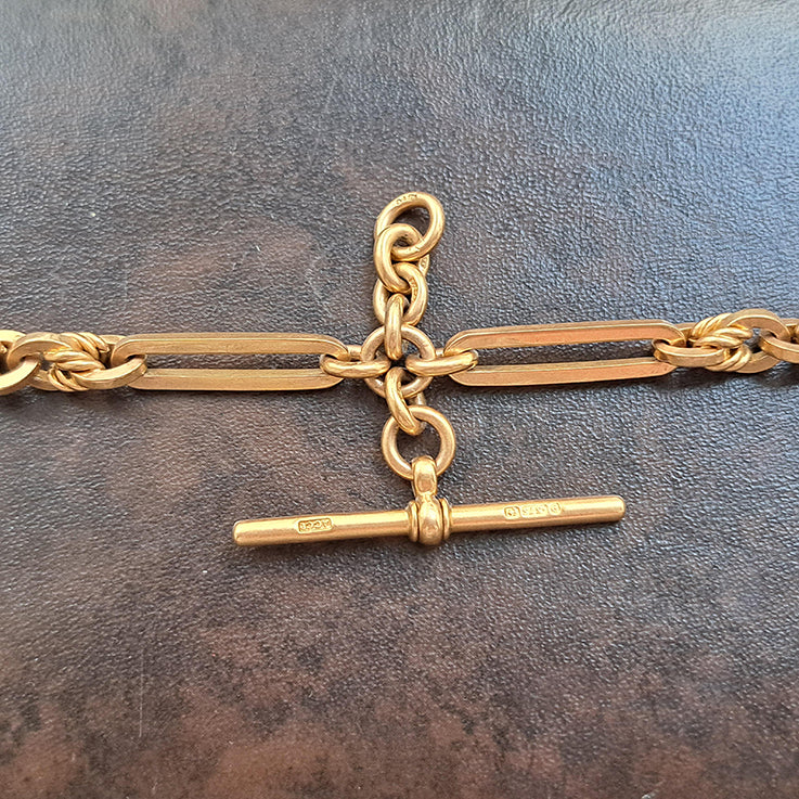 Antique 9ct Yellow Gold Fancy Trombone Link Albert Chain Necklace