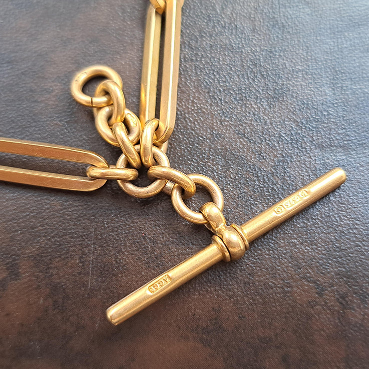 Antique 9ct Yellow Gold Fancy Trombone Link Albert Chain Necklace