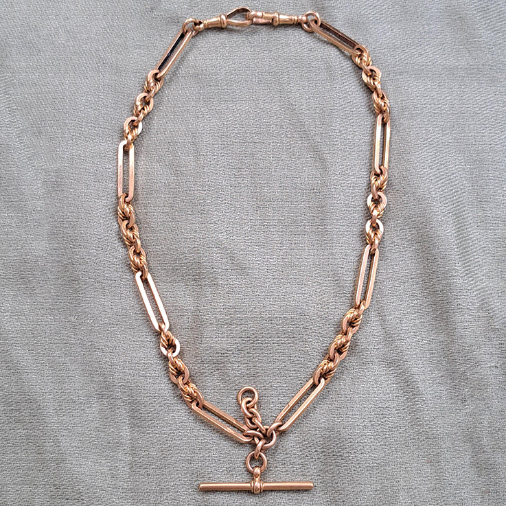 Antique 9ct Yellow Gold Fancy Trombone Link Albert Chain Necklace