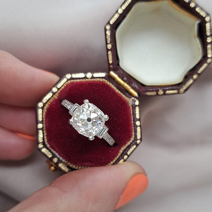 Art Deco 2.54ct Old Mine Cushion Cut Diamond Engagement Ring