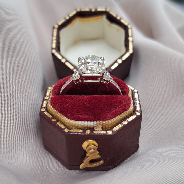 Art Deco 2.54ct Old Mine Cushion Cut Diamond Engagement Ring