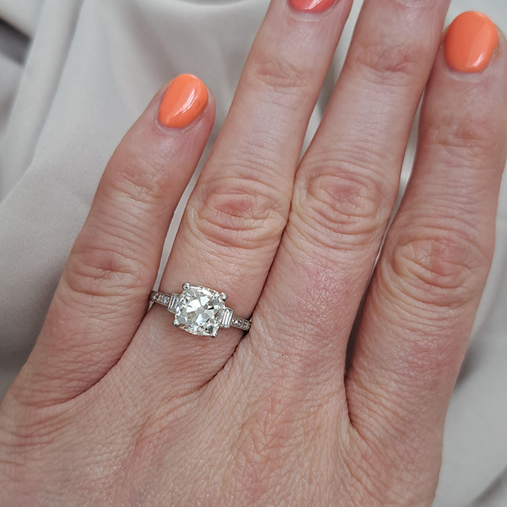 Art Deco 2.54ct Old Mine Cushion Cut Diamond Engagement Ring