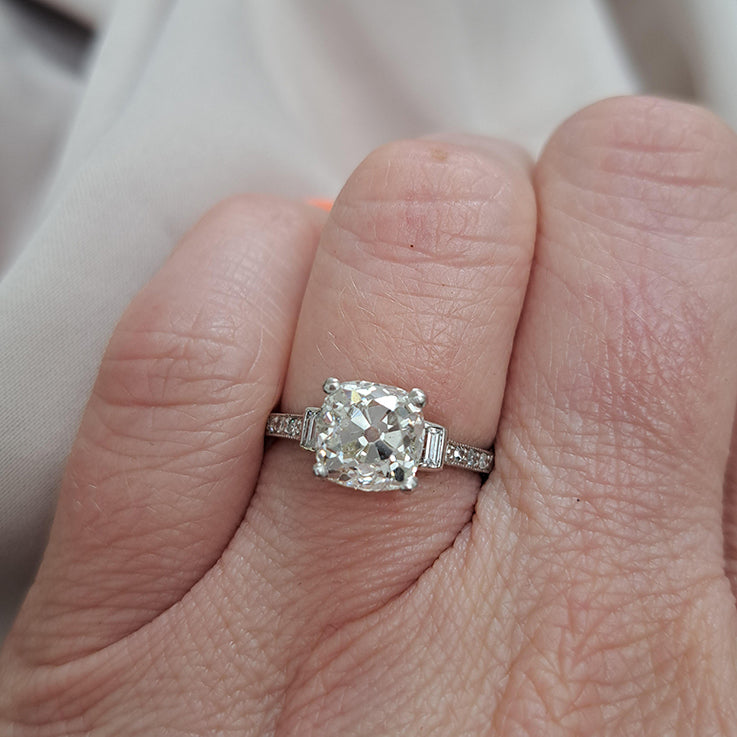 Art Deco 2.54ct Old Mine Cushion Cut Diamond Engagement Ring