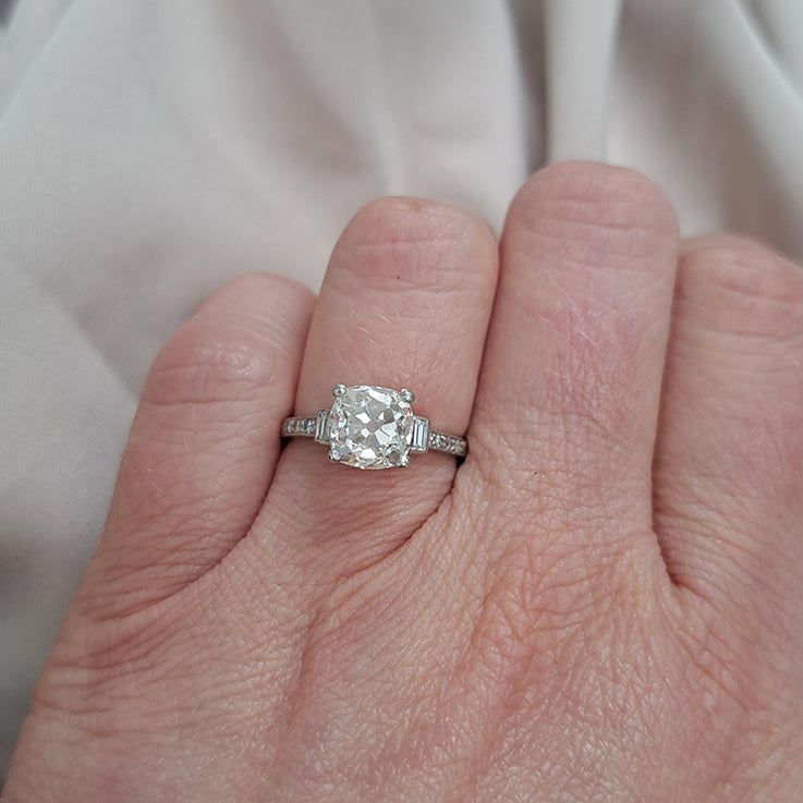 Art Deco 2.54ct Old Mine Cushion Cut Diamond Engagement Ring