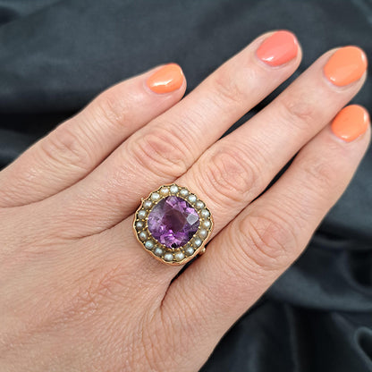 Victorian Antique Amethyst and Pearl Cluster Ring