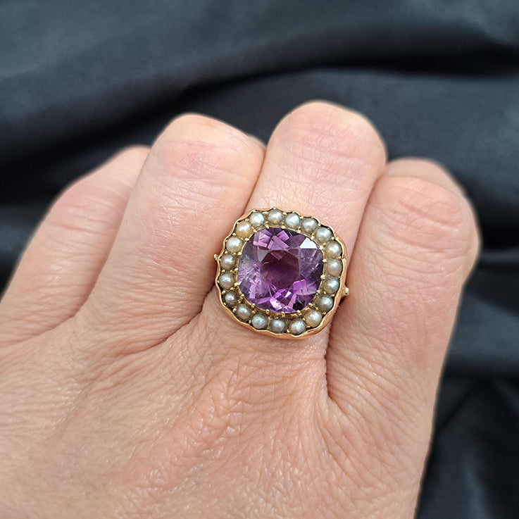 Victorian Antique Amethyst and Pearl Cluster Ring