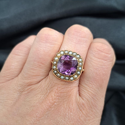 Victorian Antique Amethyst and Pearl Cluster Ring
