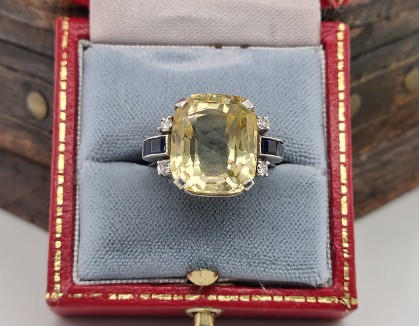 Vintage 1940s Retro 16cts Cushion Cut Yellow Sapphire Ring with Blue Sapphire and Diamond Shoulders in Platinum