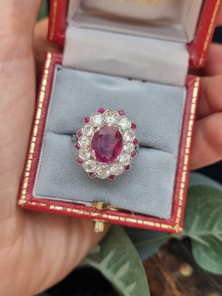 Burma ruby diamond cluster ring no heat treatment, oval large Vintage antique engagement ring, ruby anniversary gift
