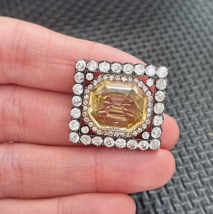 Antique 12ct Yellow Sapphire and Old Cut Diamond Cluster Brooch