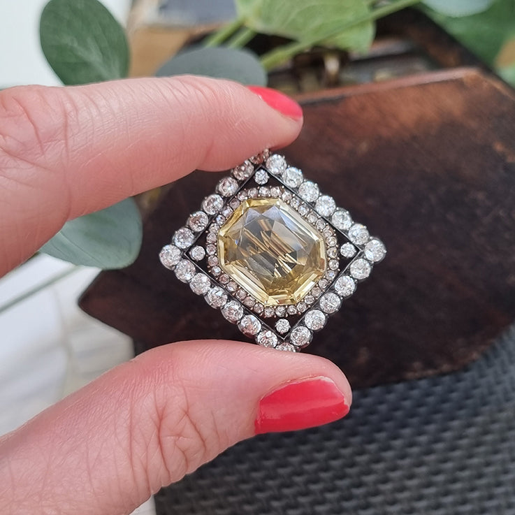 Antique 12ct Yellow Sapphire and Old Cut Diamond Cluster Brooch