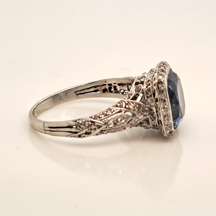 Antique 3.25ct Natural Cornflower Ceylon Sapphire and Diamond Cluster Engagement Ring in Platinum