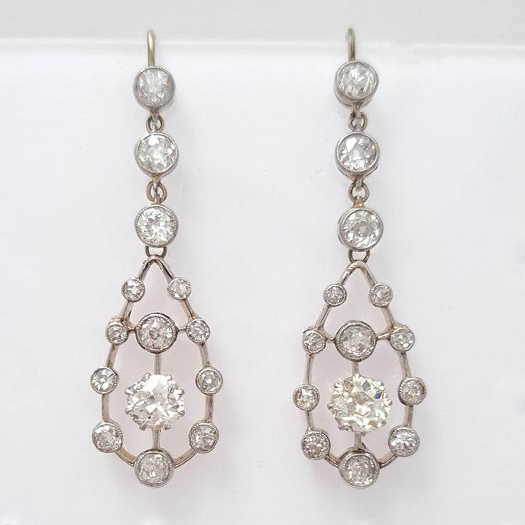 Antique 3ct Old Cut Diamond Cluster Drop Earrings in platinum upon 18ct yellow gold. Late 19th century Circa 1895