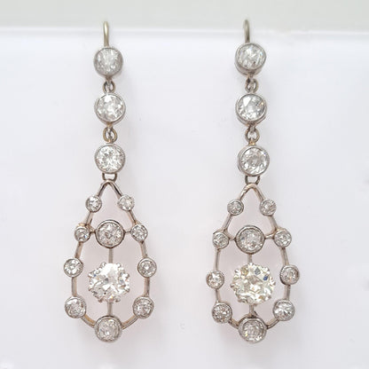 Antique 3ct Old Cut Diamond Cluster Drop Earrings in platinum upon 18ct yellow gold. Late 19th century Circa 1895