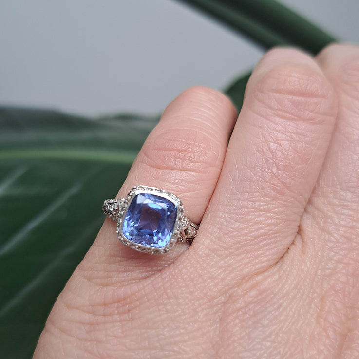 Antique 3.25ct Natural Cornflower Ceylon Sapphire and Diamond Cluster Engagement Ring in Platinum