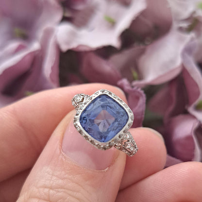 Antique 3.25ct Natural Cornflower Ceylon Sapphire and Diamond Cluster Engagement Ring in Platinum