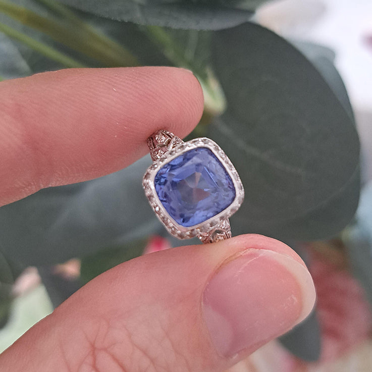 Antique 3.25ct Natural Cornflower Ceylon Sapphire and Diamond Cluster Engagement Ring in Platinum