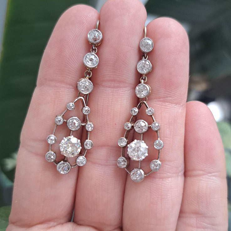Antique 3ct Old Cut Diamond Cluster Drop Earrings in platinum upon 18ct yellow gold. Late 19th century Circa 1895