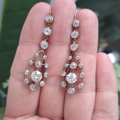 Antique 3ct Old Cut Diamond Cluster Drop Earrings in platinum upon 18ct yellow gold. Late 19th century Circa 1895
