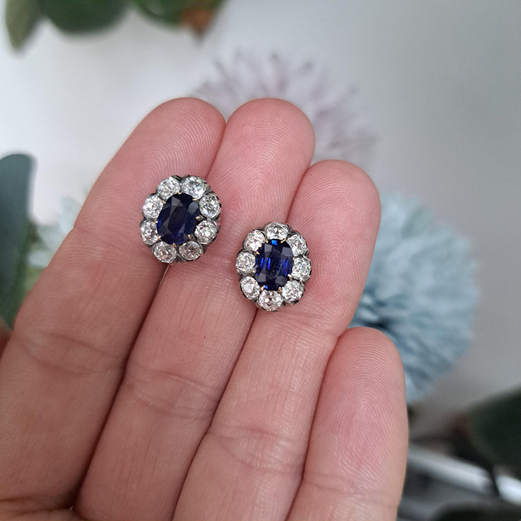 Antique 2ct Natural No Heat Sapphire and 1.60ct Old Cut Diamond Cluster Earrings in silver upon gold. Late 19th century Circa 1880