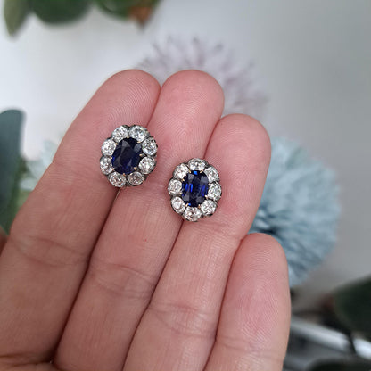 Antique 2ct Natural No Heat Sapphire and 1.60ct Old Cut Diamond Cluster Earrings in silver upon gold. Late 19th century Circa 1880