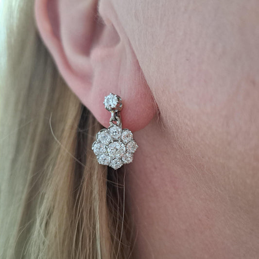 Antique French 2ct Old Cut Diamond Cluster Drop Earrings in platinum on 18ct yellow gold. Circa 1900