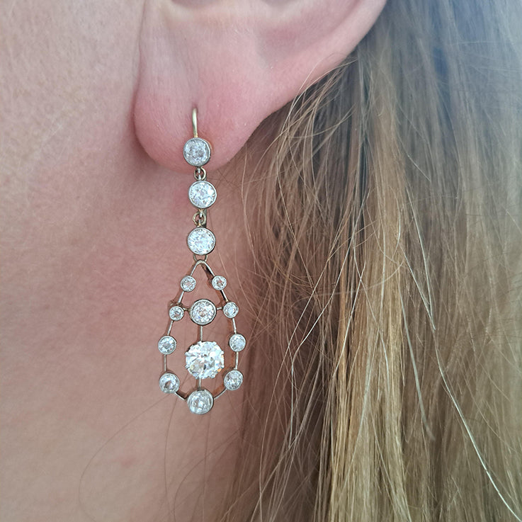 Antique 3ct Old Cut Diamond Cluster Drop Earrings in platinum upon 18ct yellow gold. Late 19th century Circa 1895