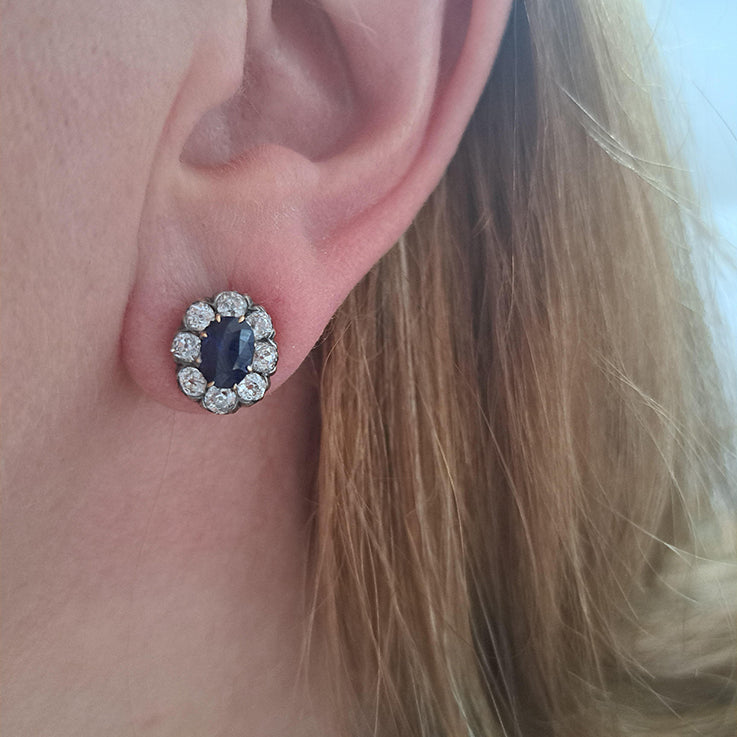 Antique 2ct Natural No Heat Sapphire and 1.60ct Old Cut Diamond Cluster Earrings in silver upon gold. Late 19th century Circa 1880