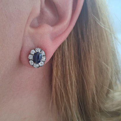 Antique 2ct Natural No Heat Sapphire and 1.60ct Old Cut Diamond Cluster Earrings in silver upon gold. Late 19th century Circa 1880