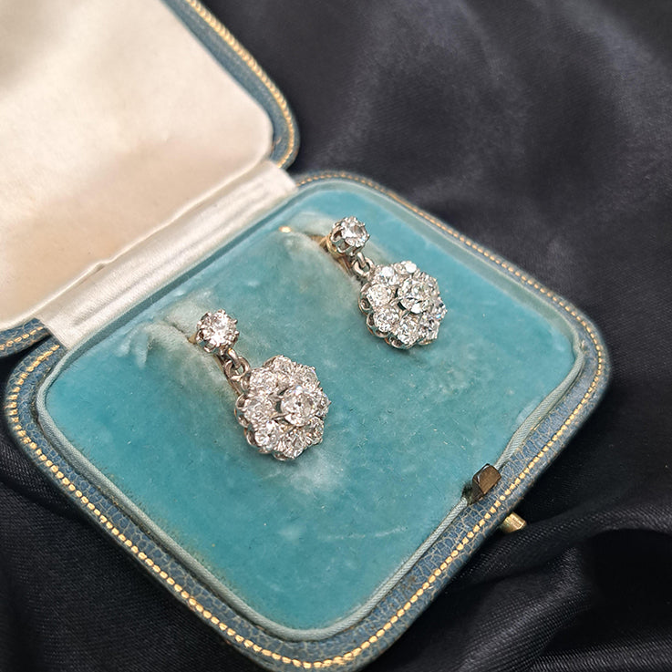Antique French 2ct Old Cut Diamond Cluster Drop Earrings in platinum on 18ct yellow gold. Circa 1900
