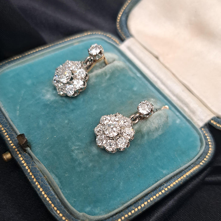 Antique French 2ct Old Cut Diamond Cluster Drop Earrings in platinum on 18ct yellow gold. Circa 1900