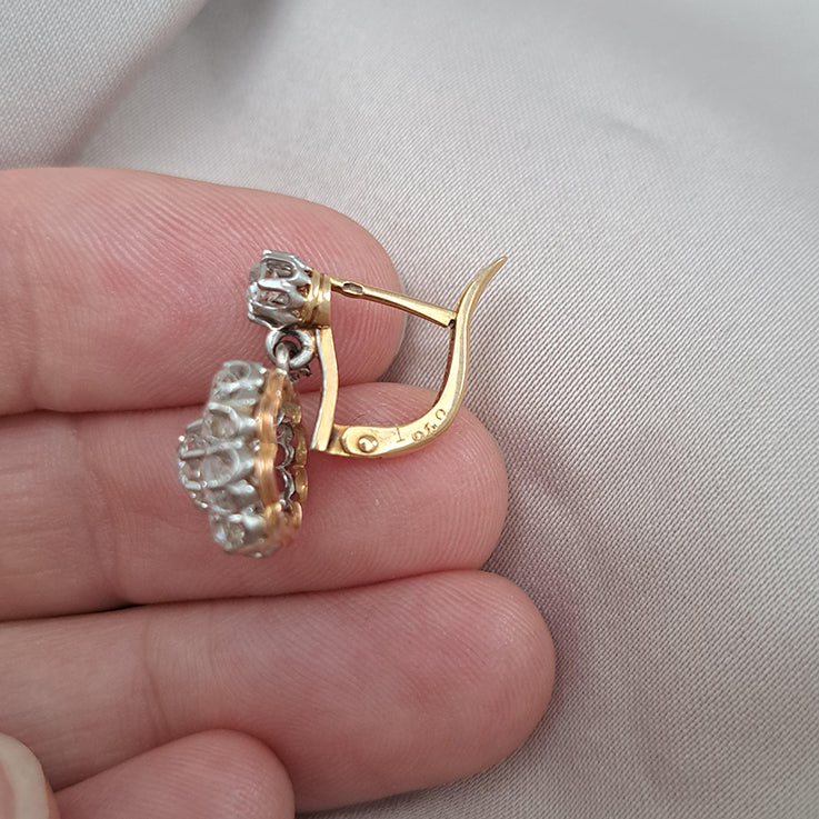 Antique French 2ct Old Cut Diamond Cluster Drop Earrings in platinum on 18ct yellow gold. Circa 1900