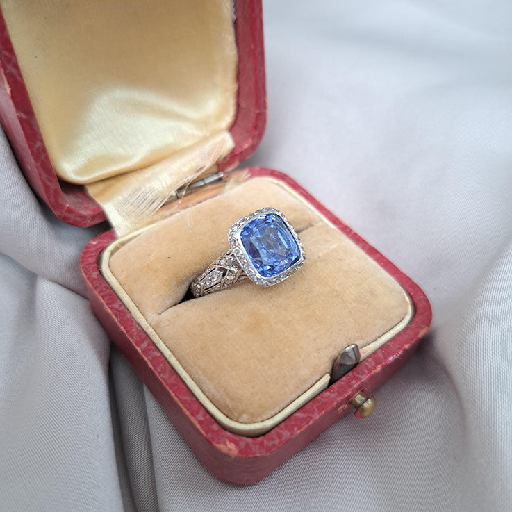 Antique 3.25ct Natural Cornflower Ceylon Sapphire and Diamond Cluster Engagement Ring in Platinum