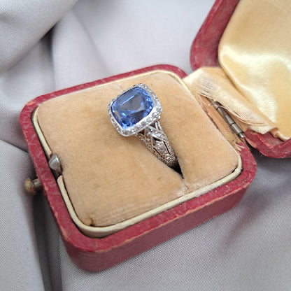 Antique 3.25ct Natural Cornflower Ceylon Sapphire and Diamond Cluster Engagement Ring in Platinum