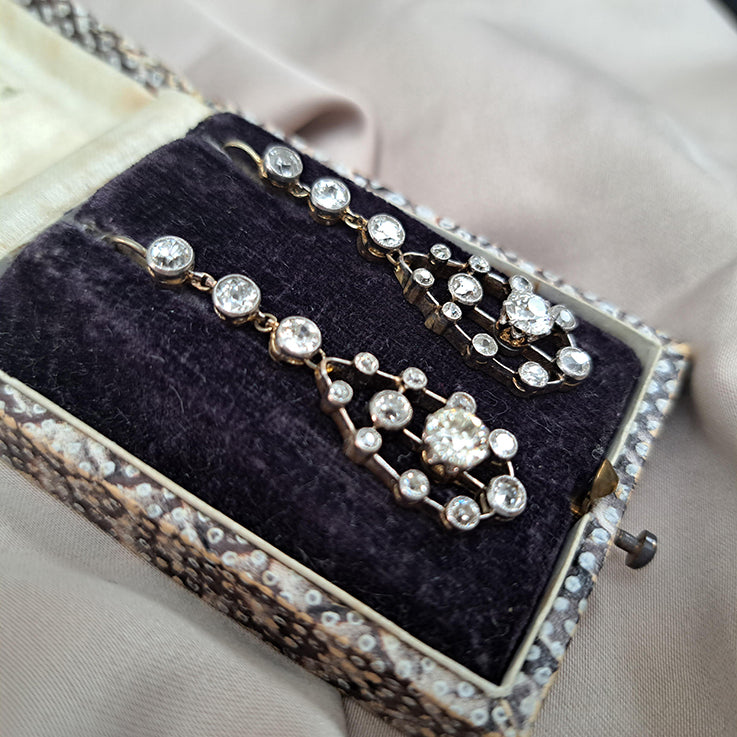 Antique 3ct Old Cut Diamond Cluster Drop Earrings in platinum upon 18ct yellow gold. Late 19th century Circa 1895