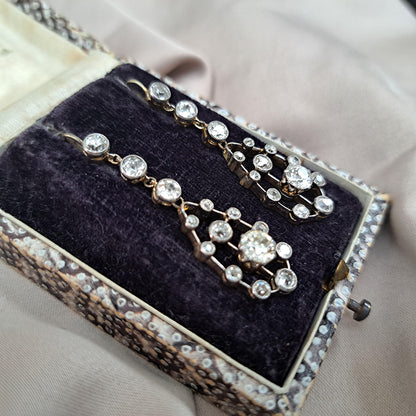 Antique 3ct Old Cut Diamond Cluster Drop Earrings in platinum upon 18ct yellow gold. Late 19th century Circa 1895