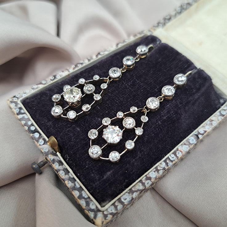 Antique 3ct Old Cut Diamond Cluster Drop Earrings in platinum upon 18ct yellow gold. Late 19th century Circa 1895