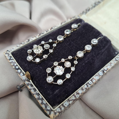 Antique 3ct Old Cut Diamond Cluster Drop Earrings in platinum upon 18ct yellow gold. Late 19th century Circa 1895