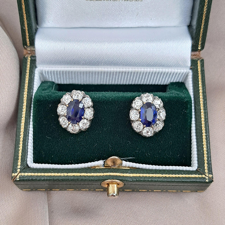 Antique 2ct Natural No Heat Sapphire and 1.60ct Old Cut Diamond Cluster Earrings in silver upon gold. Late 19th century Circa 1880