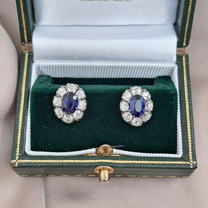 Antique 2ct Natural No Heat Sapphire and 1.60ct Old Cut Diamond Cluster Earrings in silver upon gold. Late 19th century Circa 1880