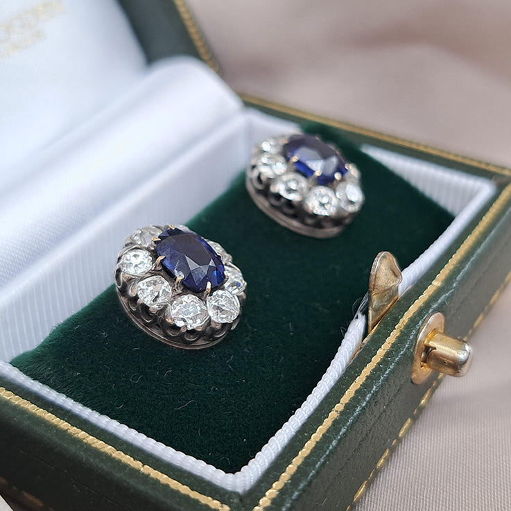 Antique 2ct Natural No Heat Sapphire and 1.60ct Old Cut Diamond Cluster Earrings in silver upon gold. Late 19th century Circa 1880