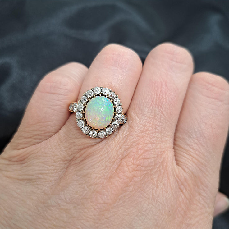 Antique Opal and Old Cut Diamond Cluster Engagement Ring