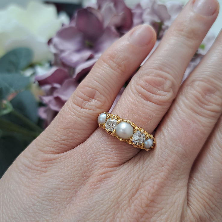 Victorian Antique Pearl and Old Cut Diamond Five Stone Ring