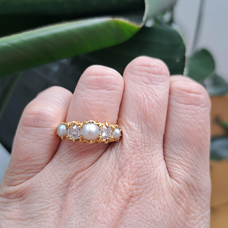 Victorian Antique Pearl and Old Cut Diamond Five Stone Ring