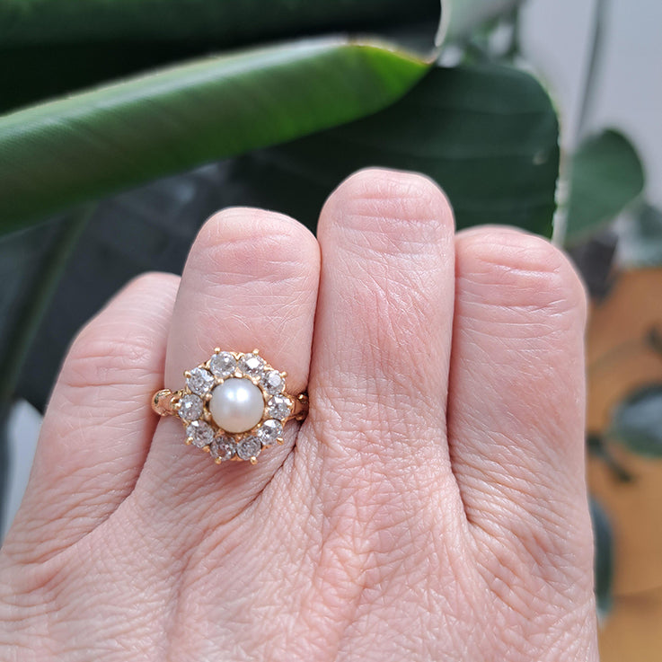 Antique Victorian Natural Pearl and Old Cut Diamond Cluster Ring