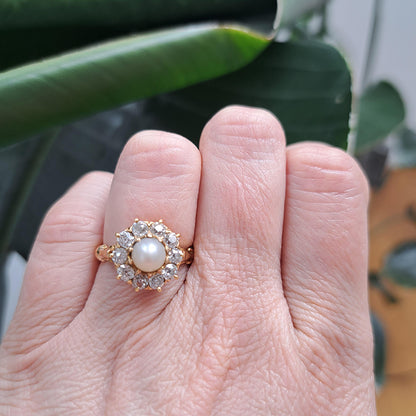 Antique Victorian Natural Pearl and Old Cut Diamond Cluster Ring