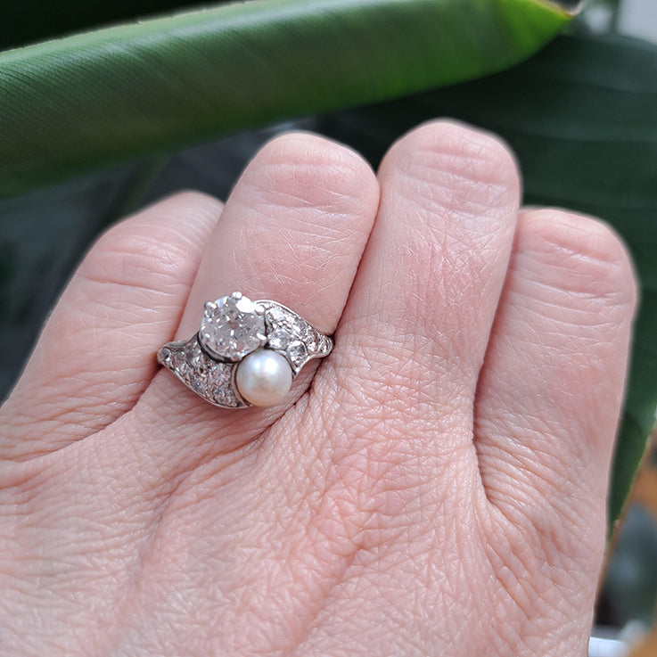 Belle Epoque Natural Pearl and Old Cut Diamond Ring in Platinum