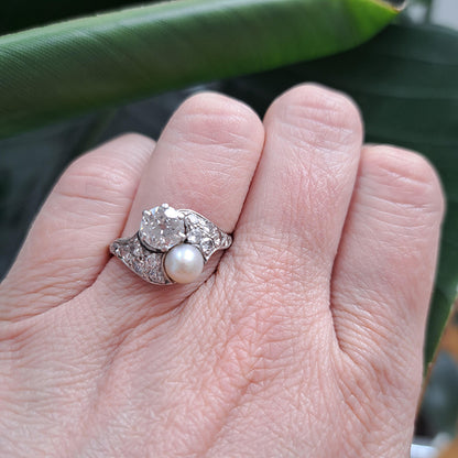 Belle Epoque Natural Pearl and Old Cut Diamond Ring in Platinum