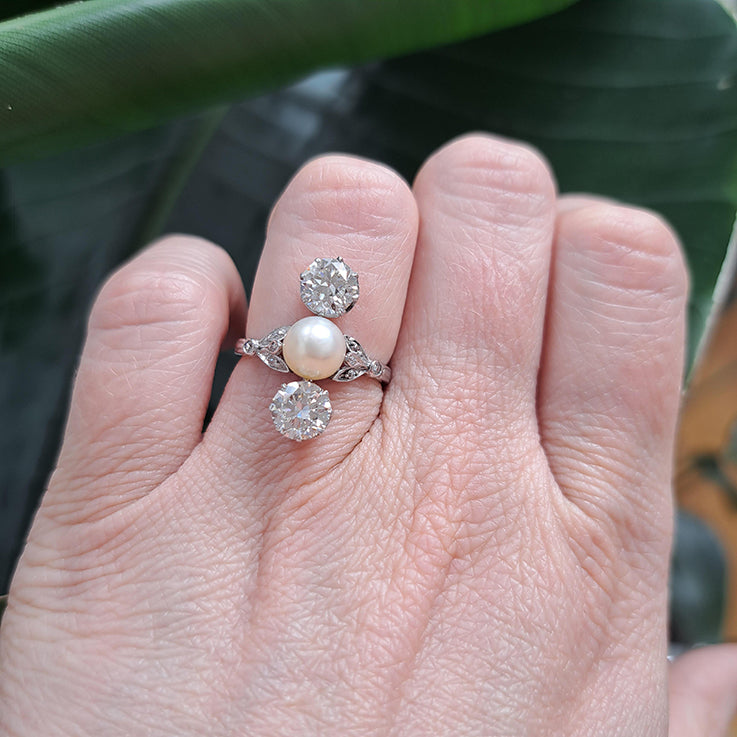Antique Natural Pearl and Old Cut Diamond Three Stone Trilogy Ring