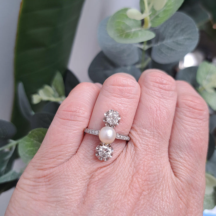 Art Deco Natural Pearl and Diamond Three Stone Ring in Platinum